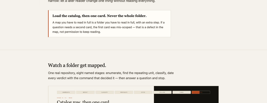 A mapped folder: a short list, then one card per part