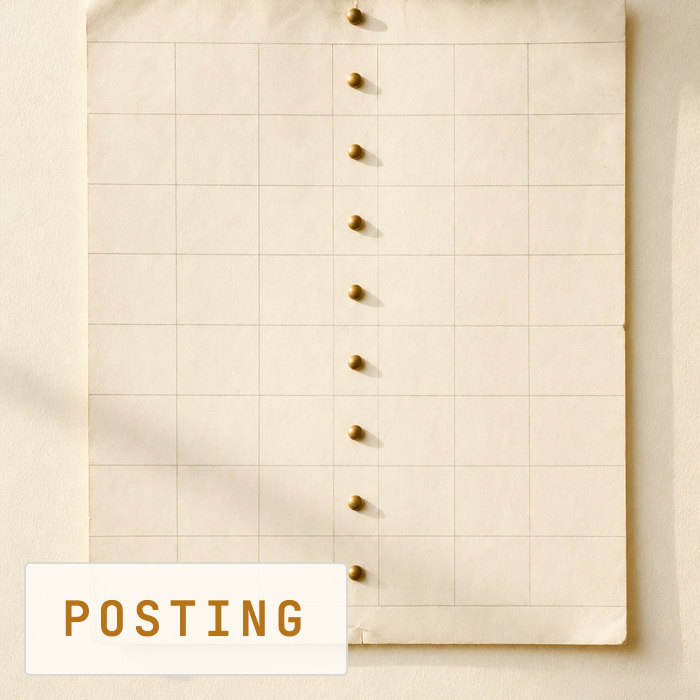 Posting: a wall calendar grid where the same weekday position is marked with a tack down every row