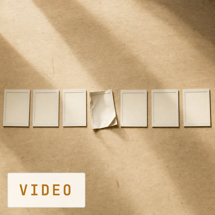 Video: a row of blank print frames laid out on a table, one visibly creased and out of line, breaking the sequence