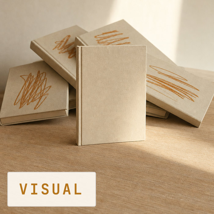 Visual: a chosen blank book cover standing upright in front of several rejected cover mockups, each scribbled out