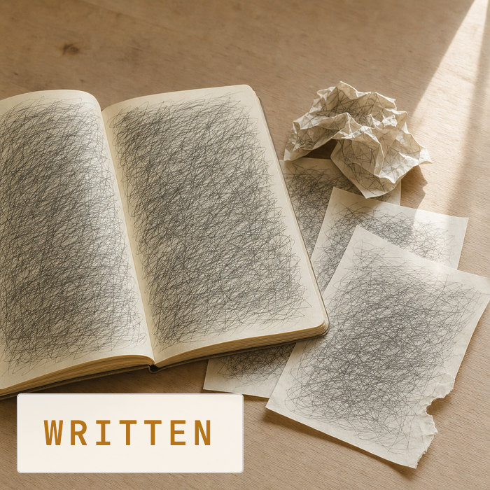 Written: an open notebook page dense with scribbled-out corrections, beside several crumpled and torn discarded pages