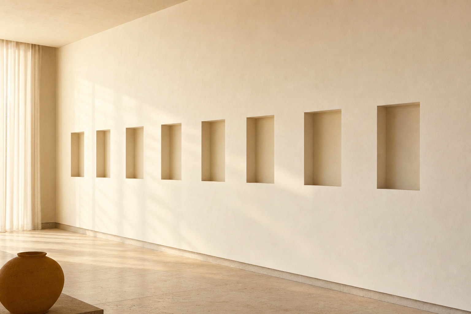 A long pale wall in daylight carrying a row of identical empty recesses receding into soft focus