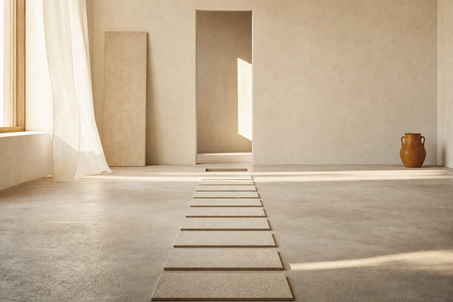 A path of identical stone slabs across a sunlit room, the final slab before the doorway missing