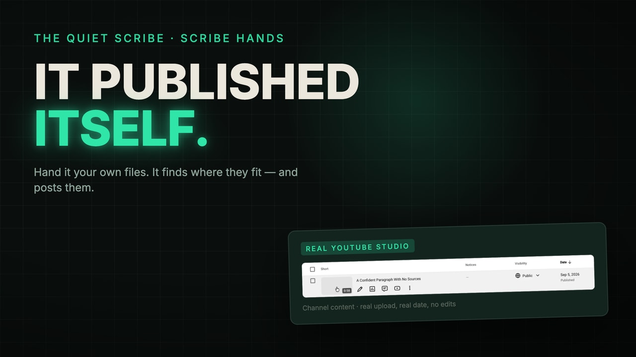 "IT PUBLISHED ITSELF" — real YouTube Studio proof from the Scribe Hands founding-beta film