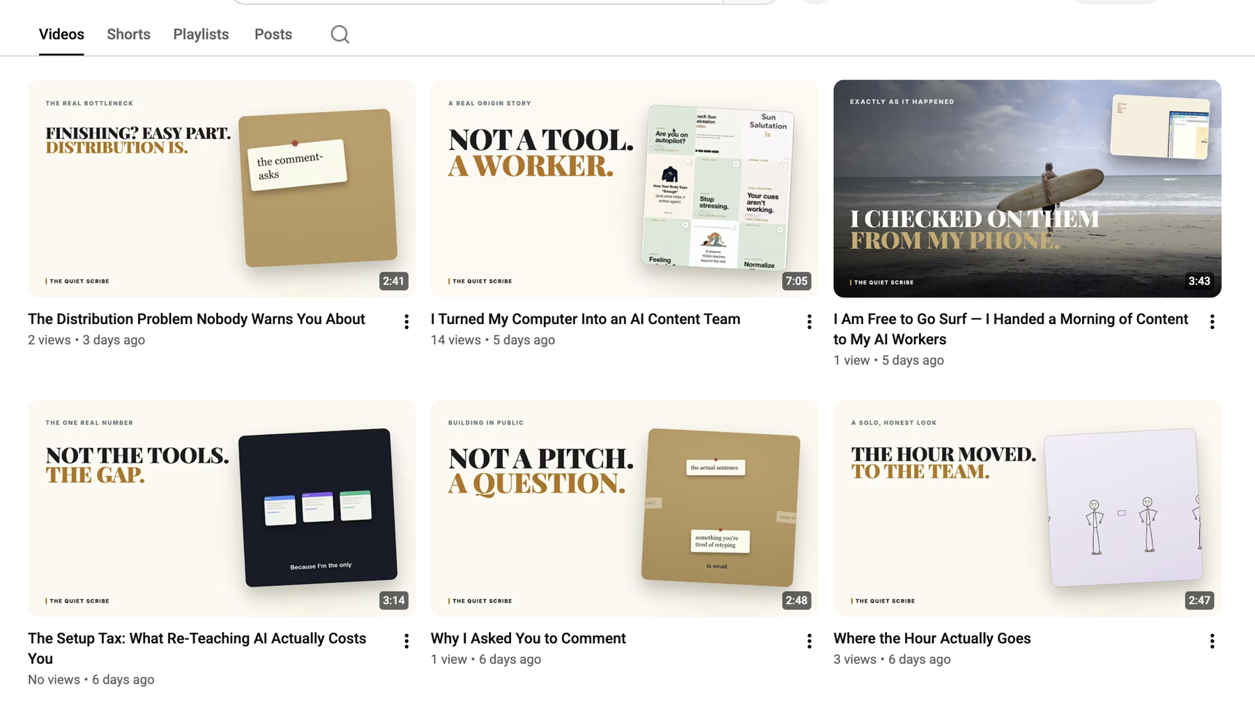 The Quiet Scribe YouTube channel — real video grid, real (small, honest) view counts